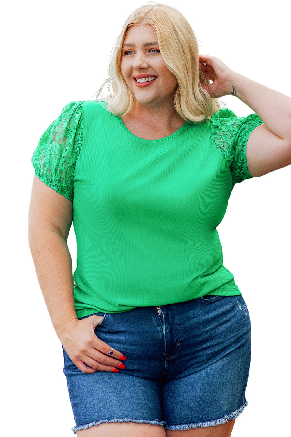 Green Ribbed Lace Patchwork Puff Sleeve Plus Size Blouse