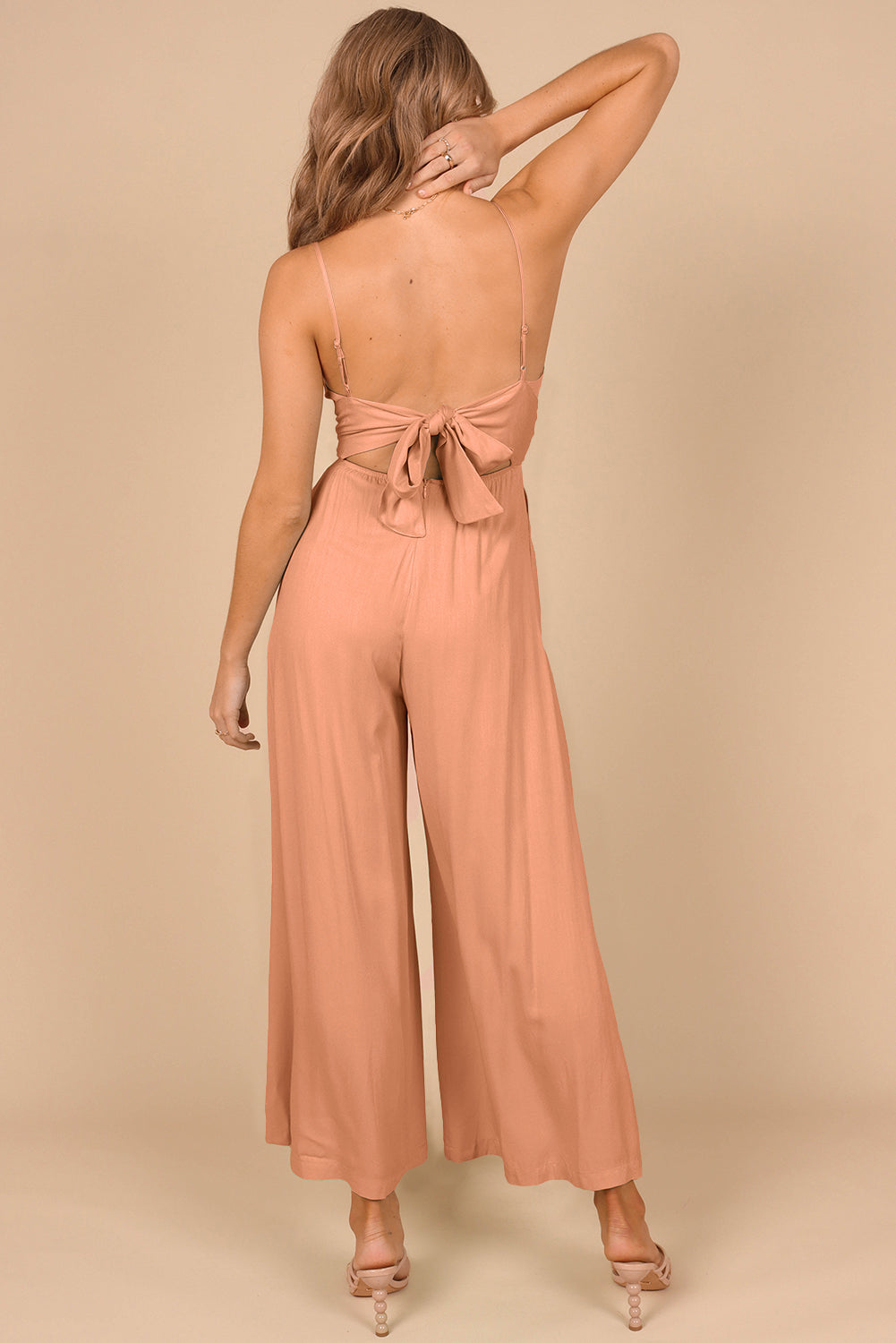 Black Spaghetti Straps Backless Knot Wide-Leg Jumpsuit