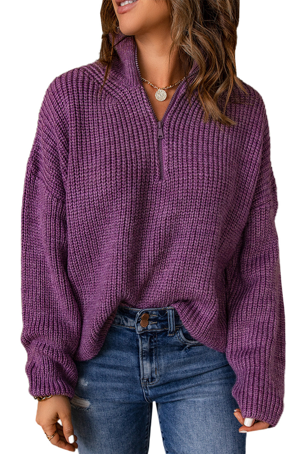 Red Zipped Turtleneck Drop Shoulder Knit Sweater