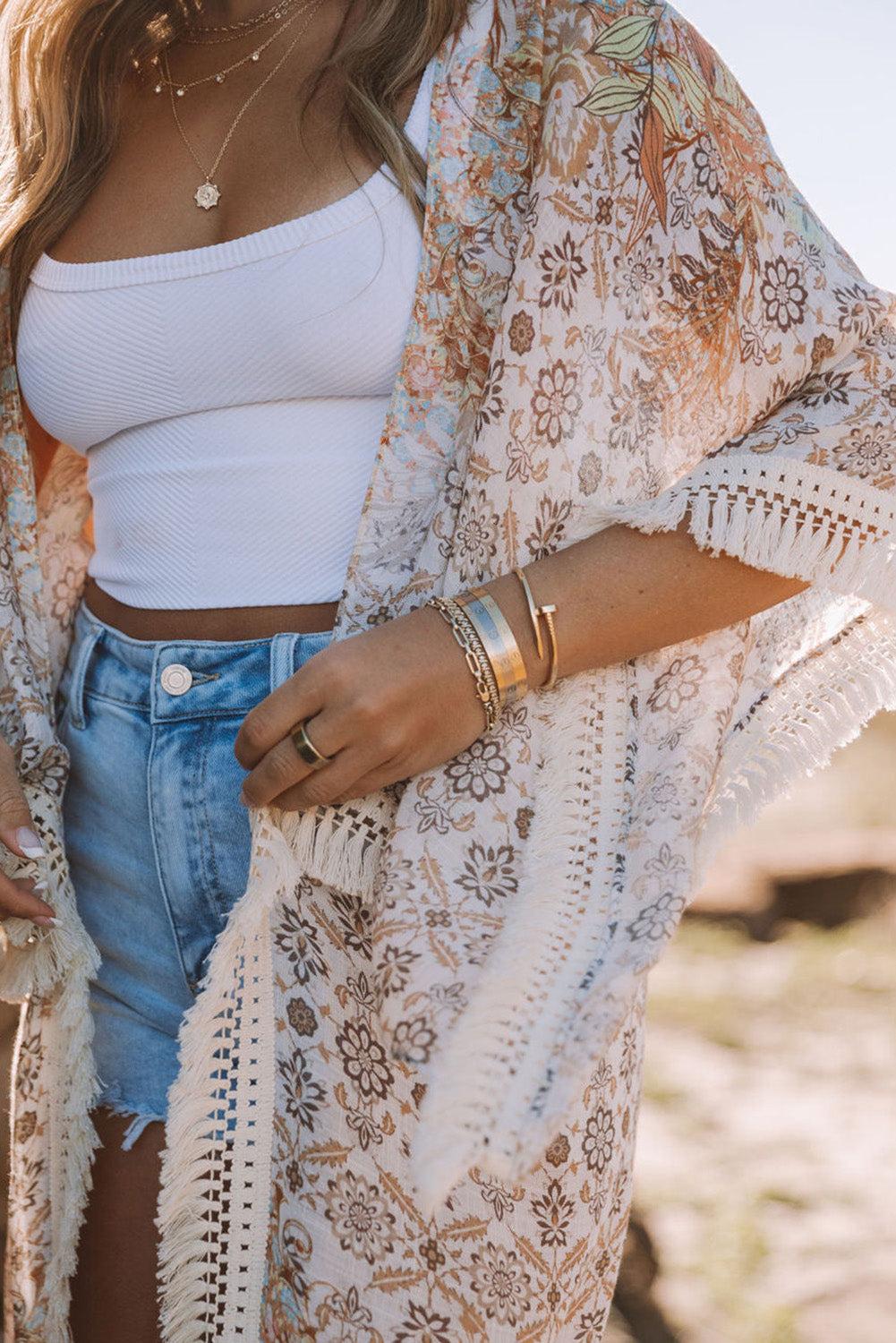 Beige Tassel Trim Split Sleeve Boho Print Kimono