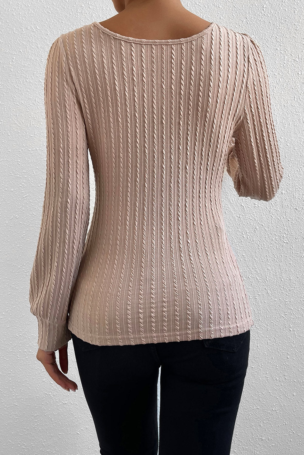 Khaki Square Neck Bubble Sleeve Textured Knit Top