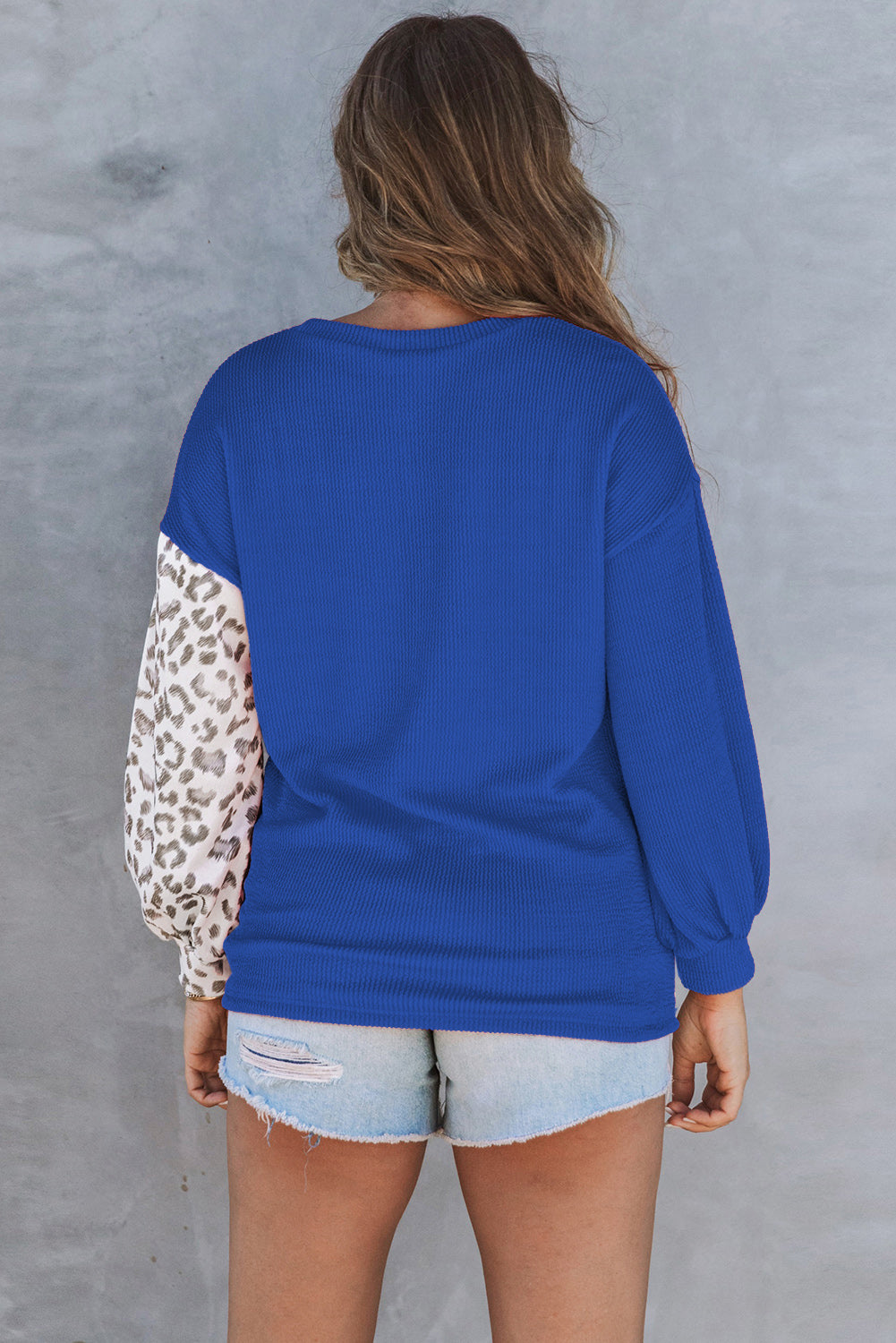 Rose Leopard Patchwork Color Block Ribbed Long Sleeve Top