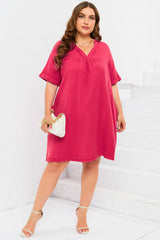 Rose Plus Size Ruched V Neck Pocket Short Sleeves Mini Dress