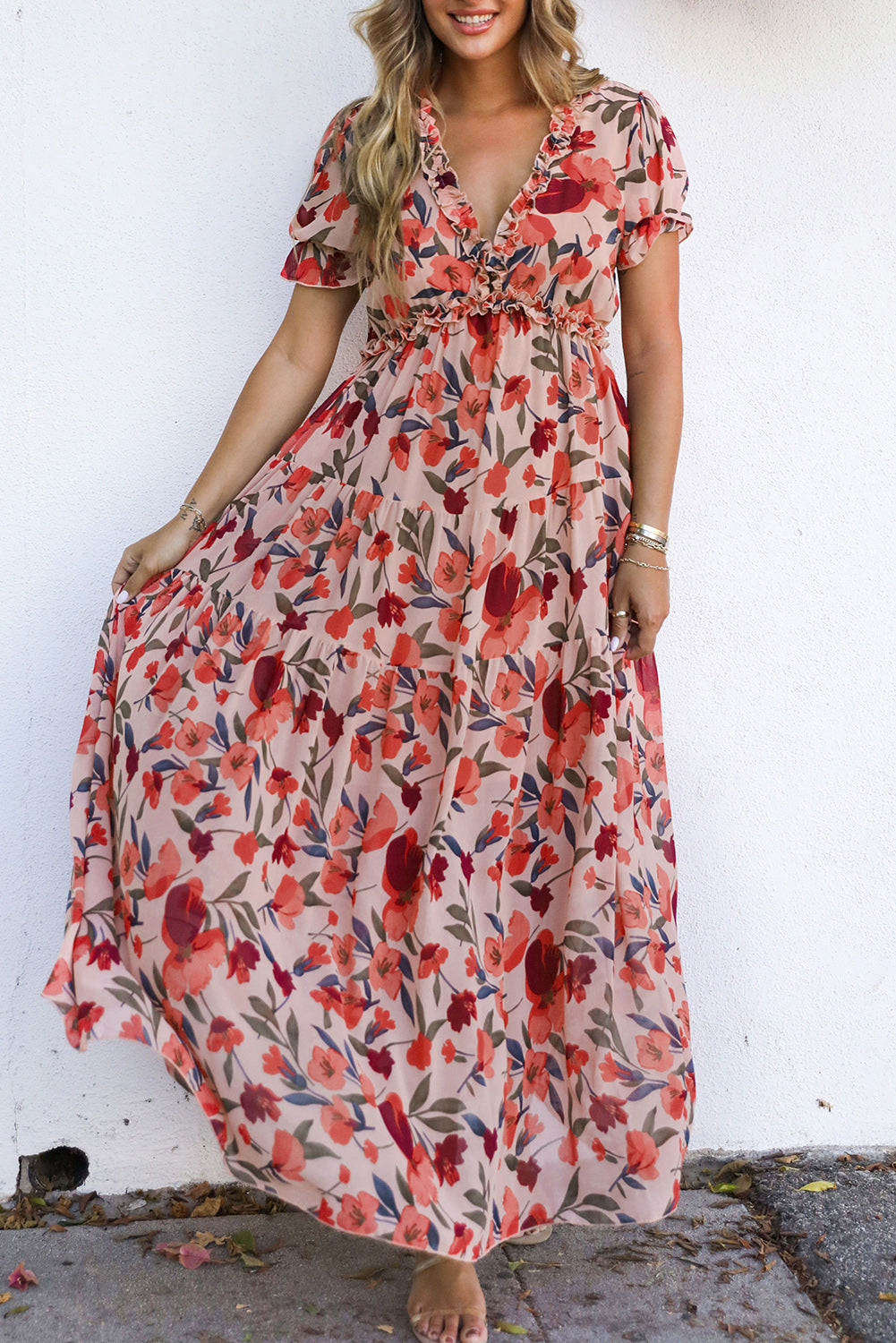 Red Floral Print Frilled V Neck Short Sleeve Maxi Dress