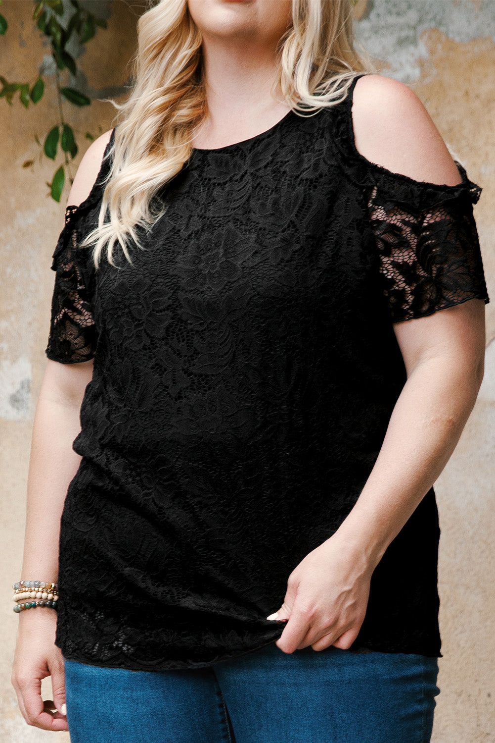 Black Floral Lace Cold Shoulder Plus Size Top