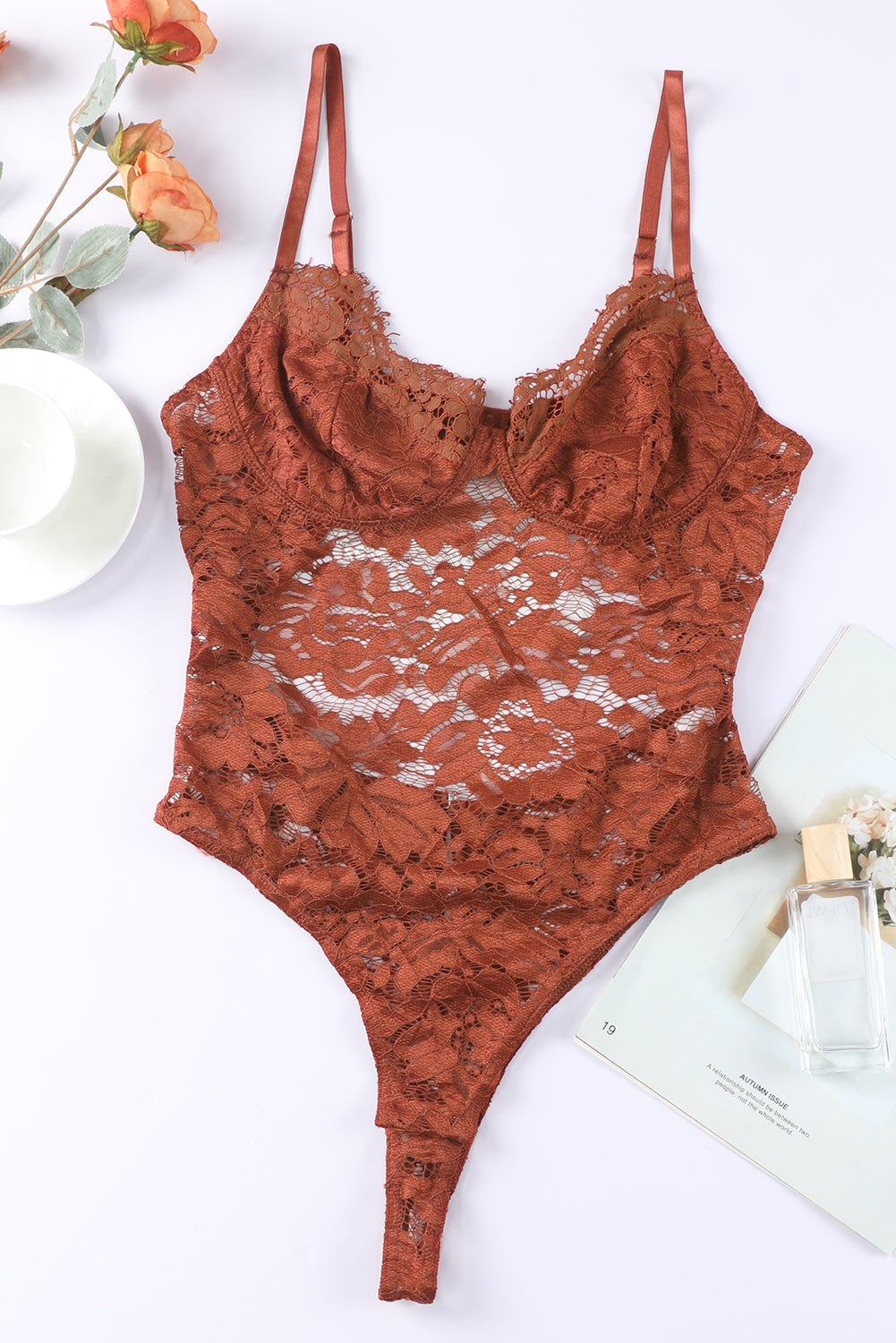 Brown Floral Lace Spaghetti Straps Cut out Back Bodysuit