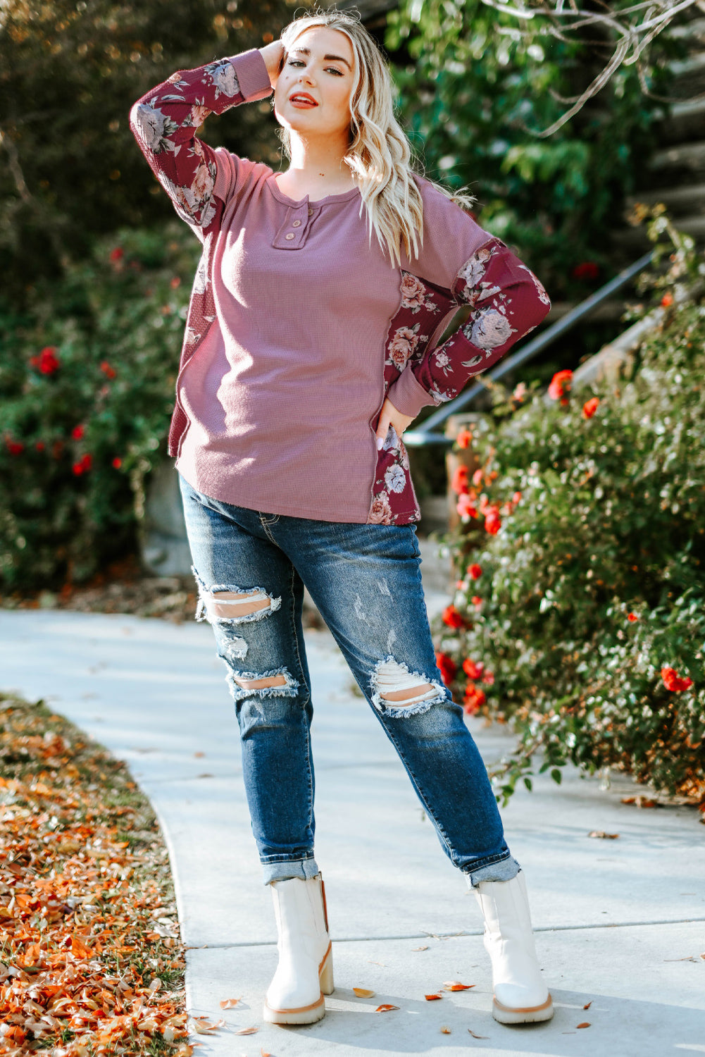 Purple Floral Accent Puff Sleeves Plus Size Thermal Top