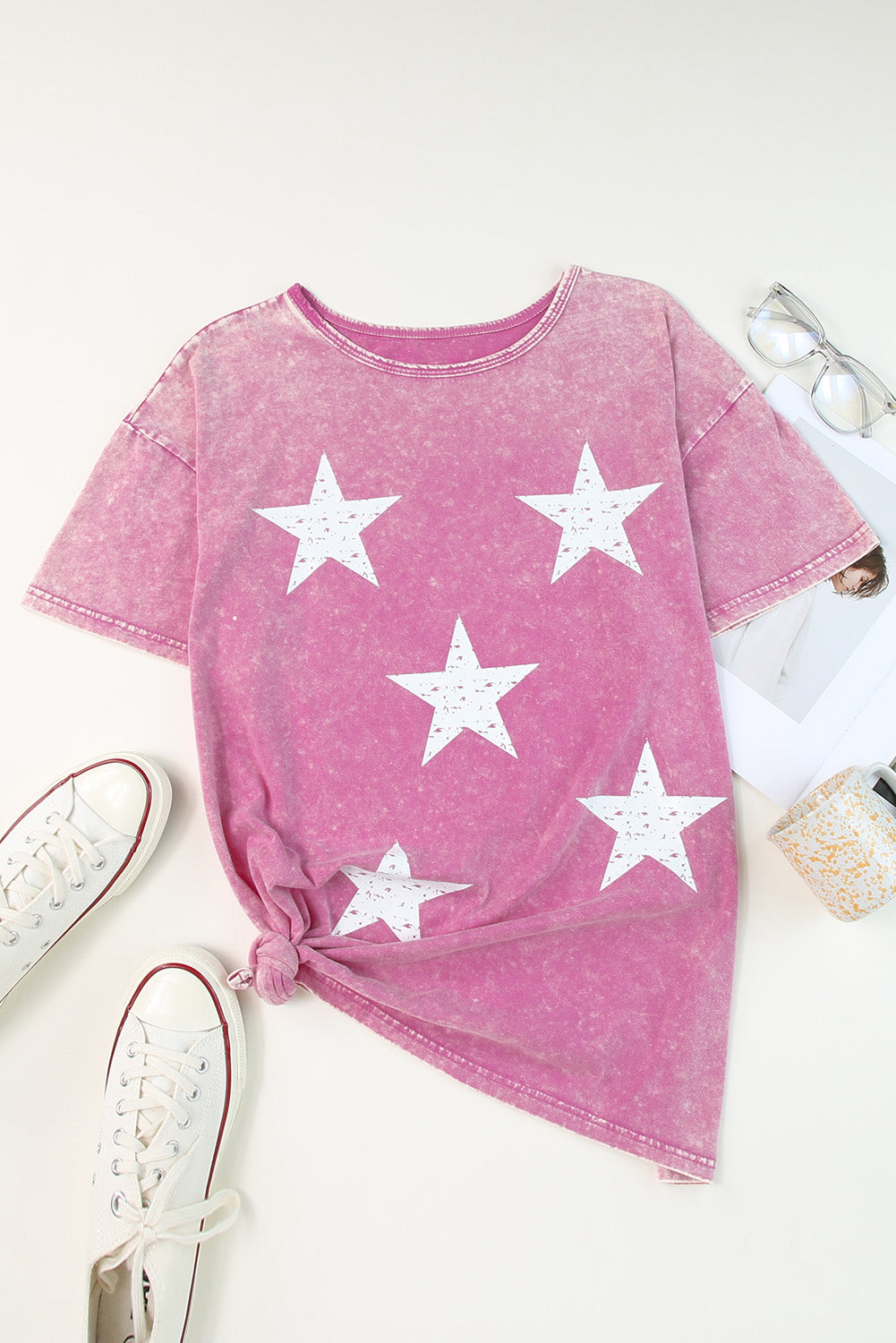 Pink Vintage Star Printed Mineral Wash Graphic Tee