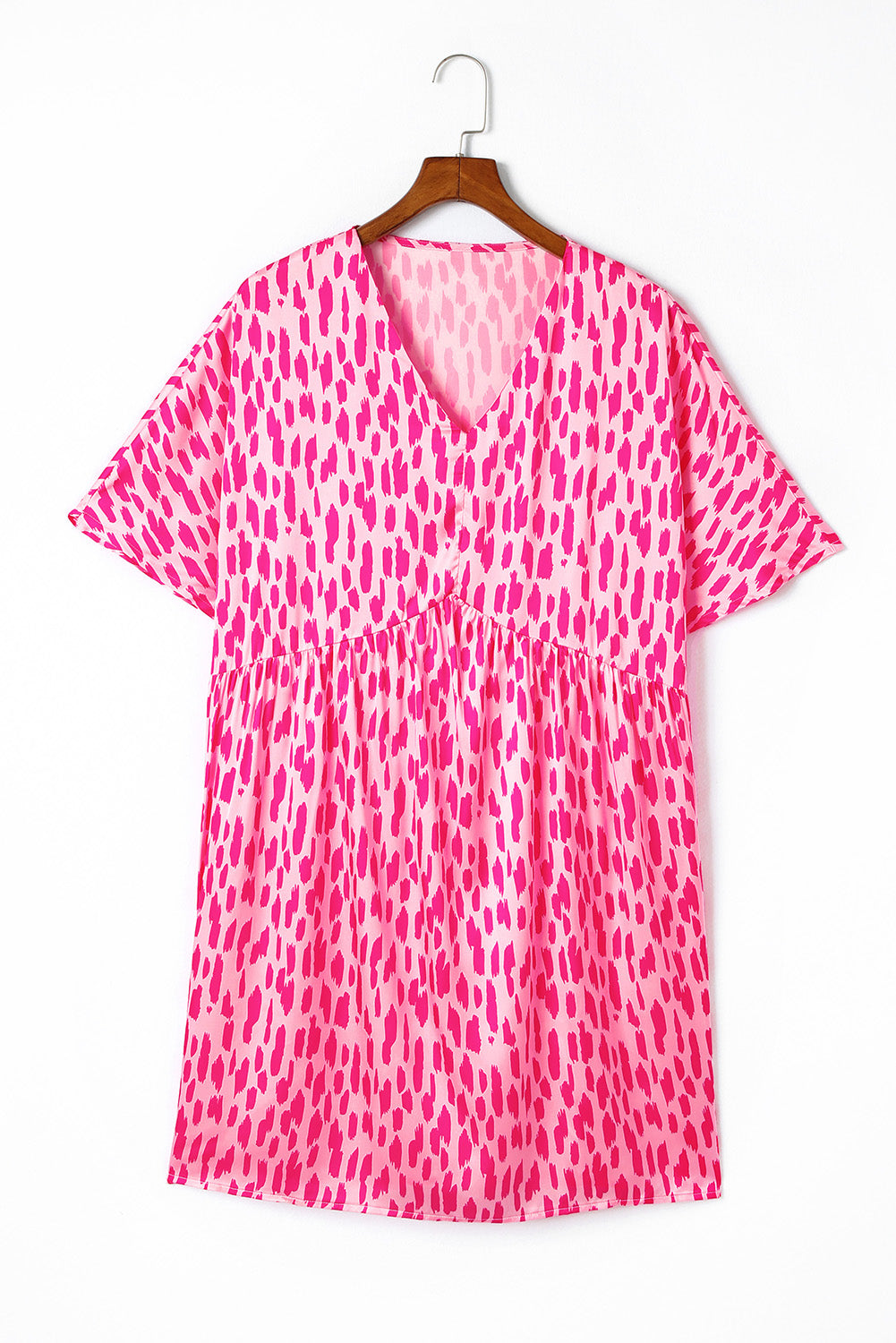 Pink Leopard Print V Neck Plus Size Babydoll Mini Dress