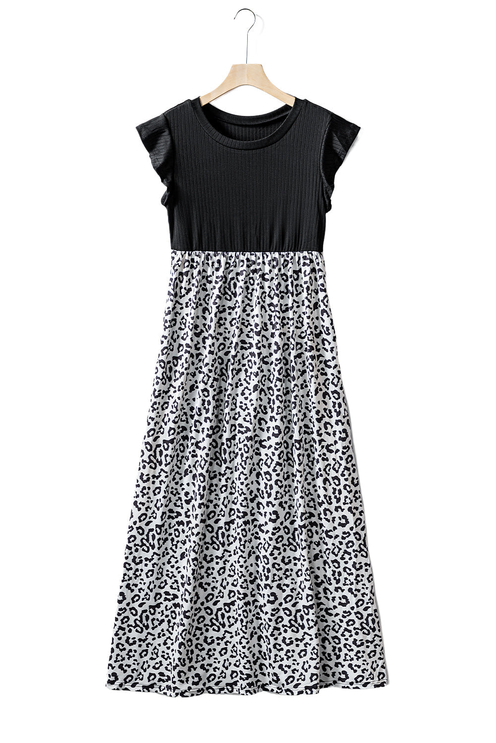 Gray Leopard Patchwork Ribbed Maxi Dress with Pockets