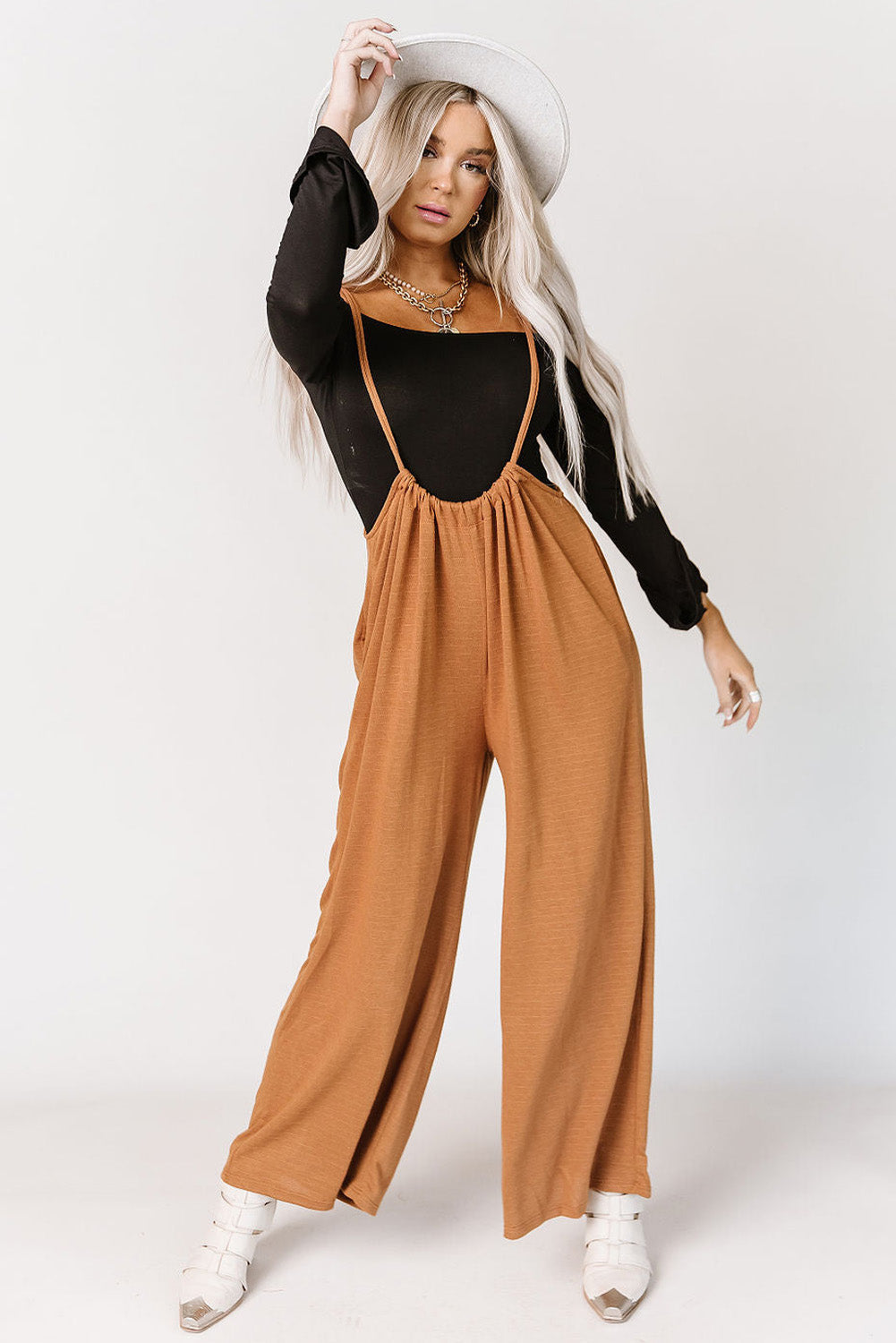 Orange High Rise Wide Leg Suspender Pants