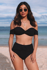 Black Crinkle Textured Bandeau High Waist Bikini Set