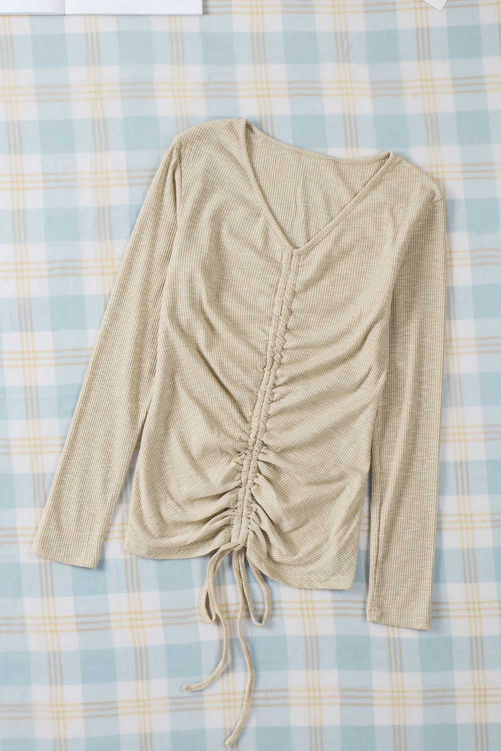 Gray Drawstring Ruched Knit Long Sleeve Top