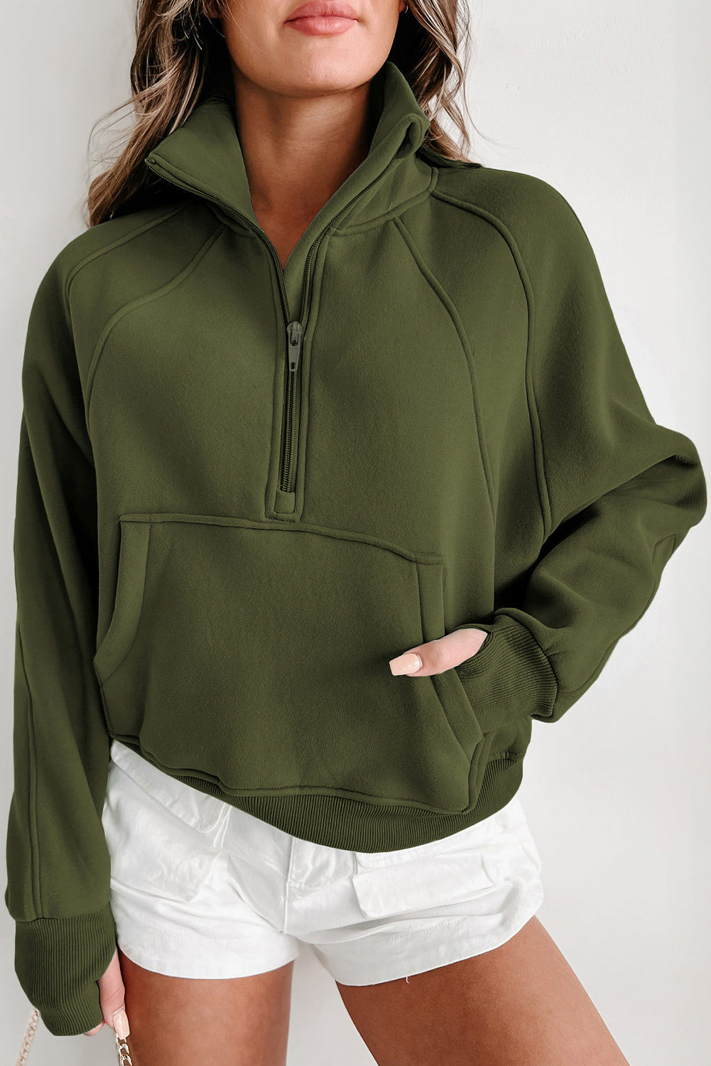 Green Zip Up Stand Collar Ribbed Thumbhole Sleeve Sweatshirt