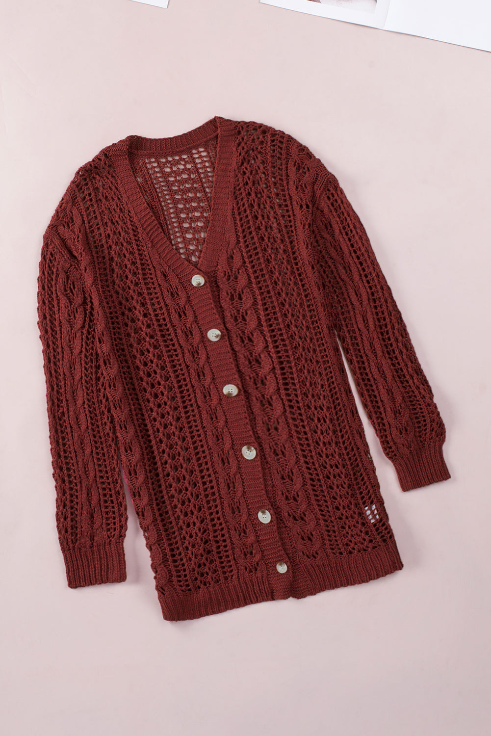 Wine Red Drop Sleeve Crochet Knit Cardigan