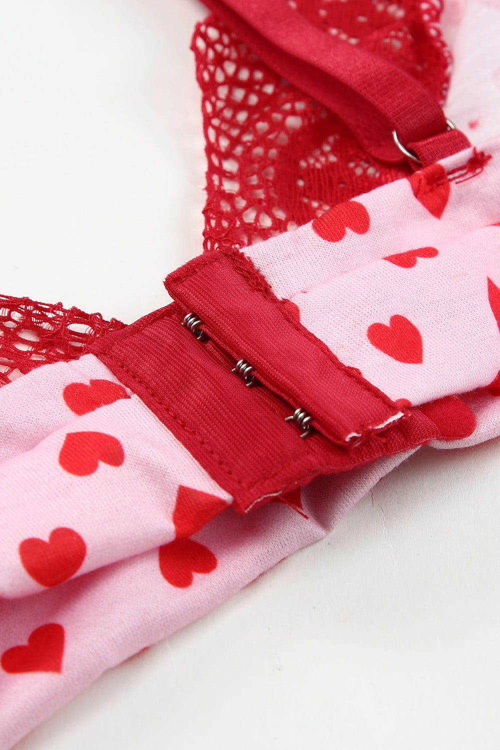 Red Lace Trim Heart Print Valentines Lingerie Set