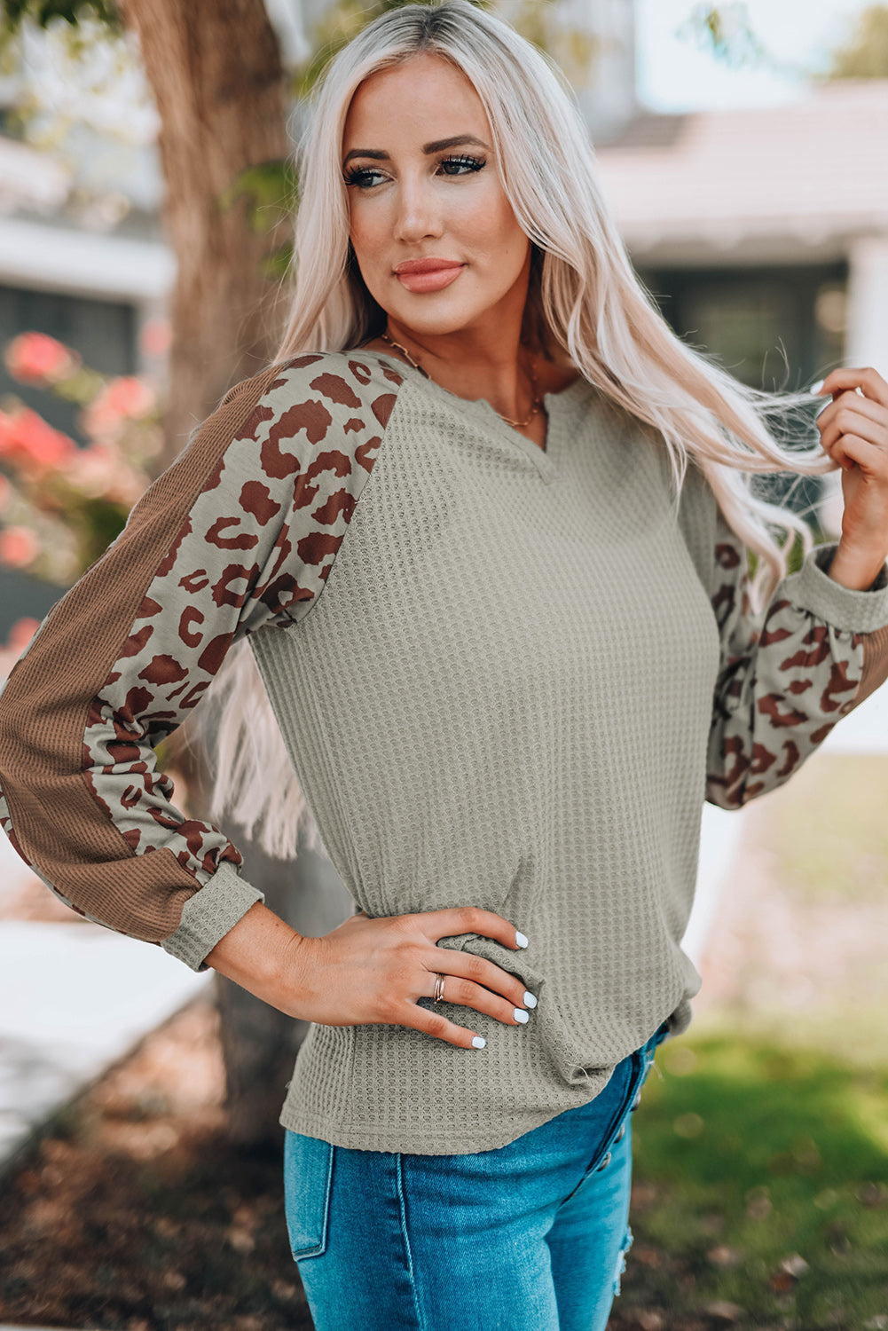 Mocha Leopard Print Waffle Knit Long Sleeve Top