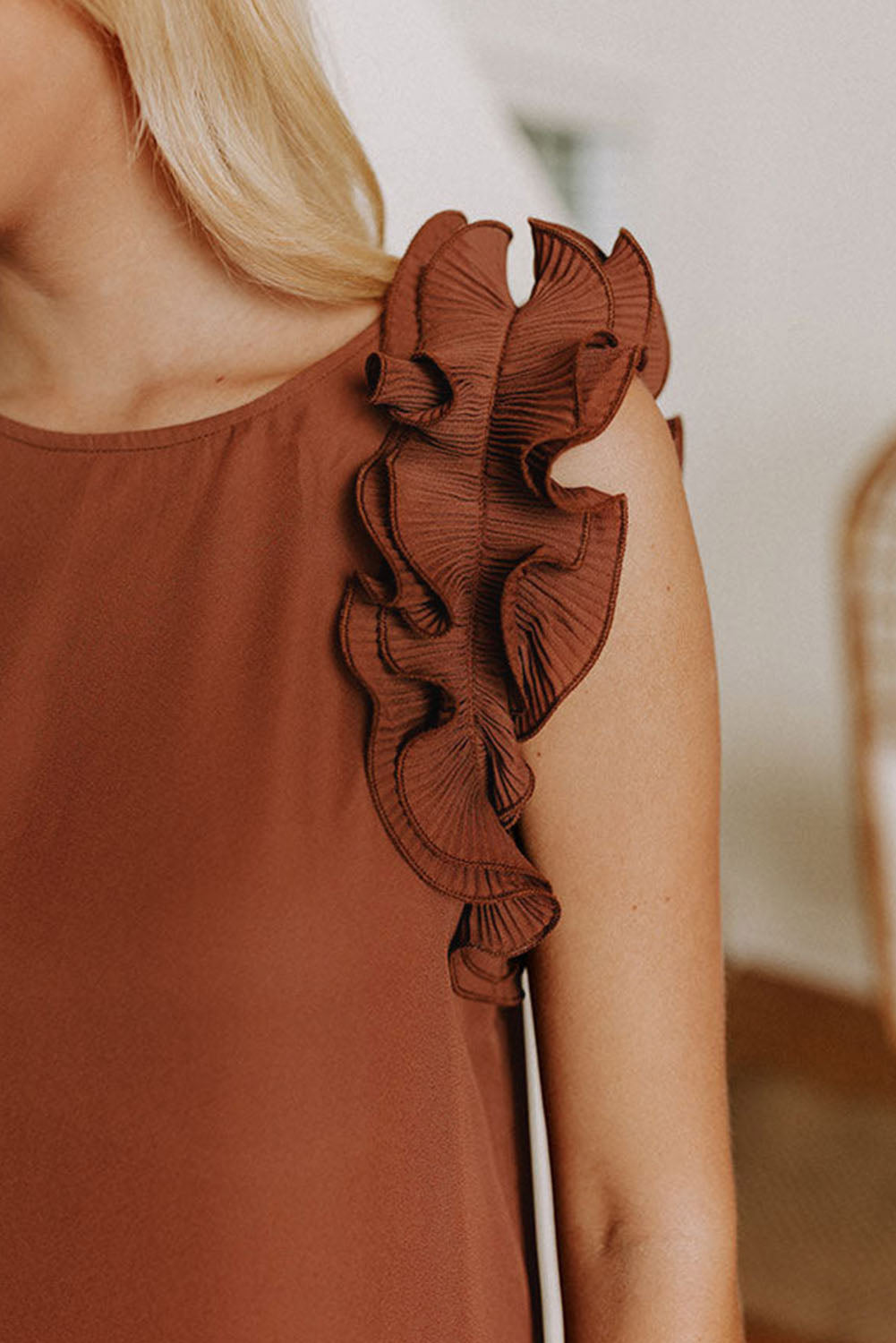 Brown Ruffles Armhole Tank Top