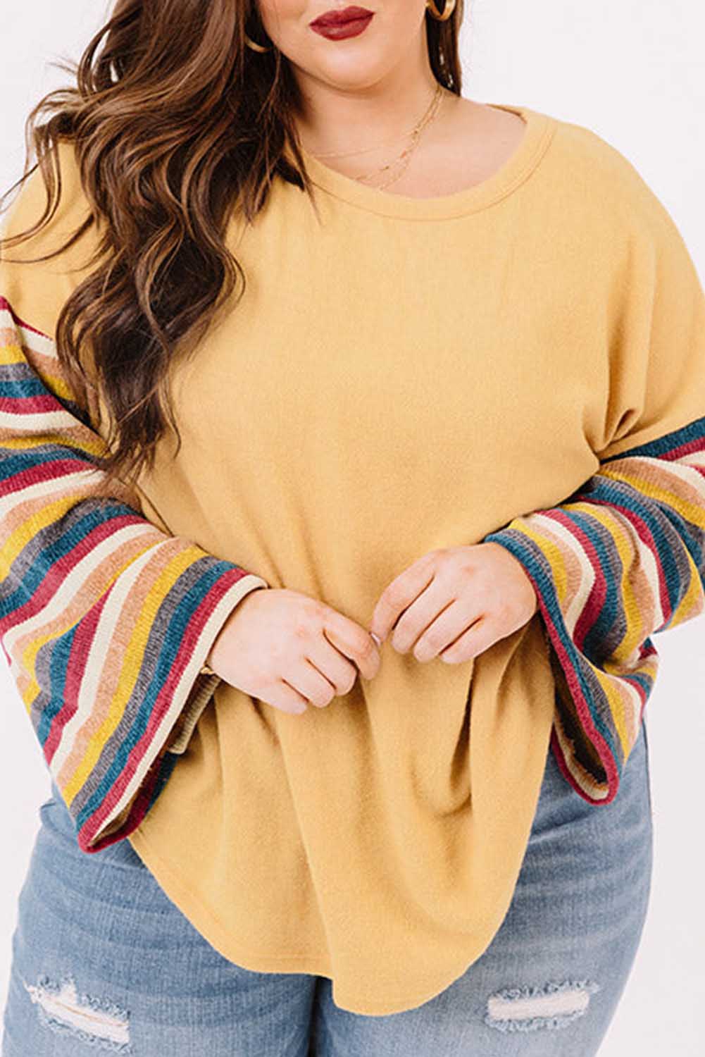 Yellow Serape Striped Bell Sleeve Plus Size Top