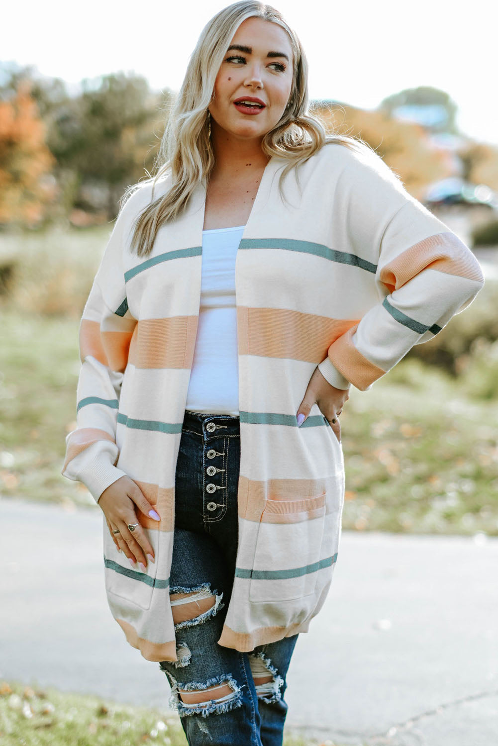 White Striped Knit Side Pockets Plus Size Cardigan