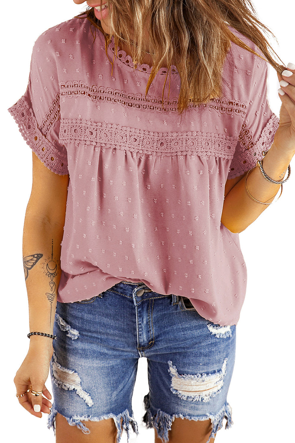 Apricot Swiss Dot Lace Splicing Short Sleeve Top