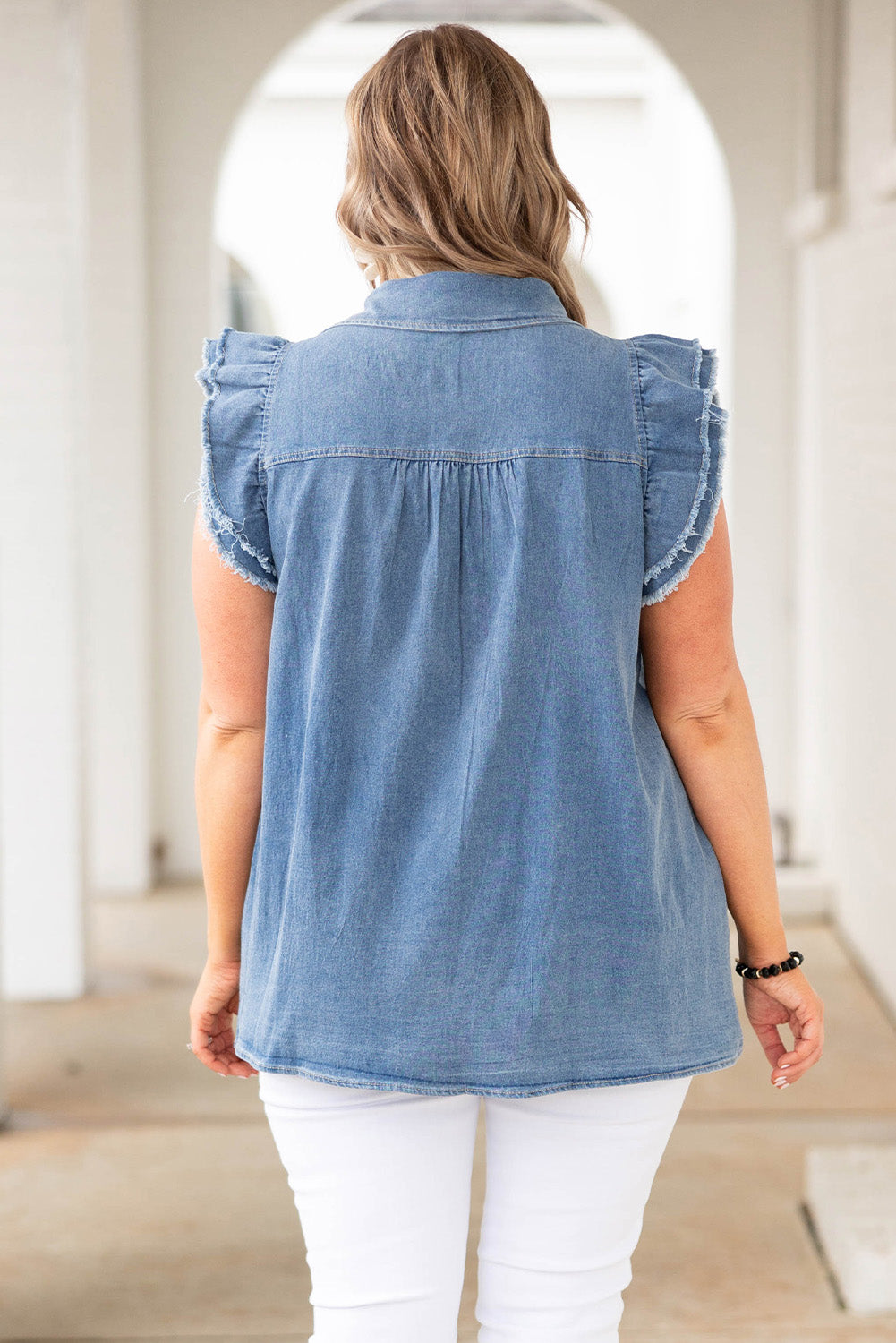 Blue Frayed Ruffle Sleeve Plus Size Denim Shirt