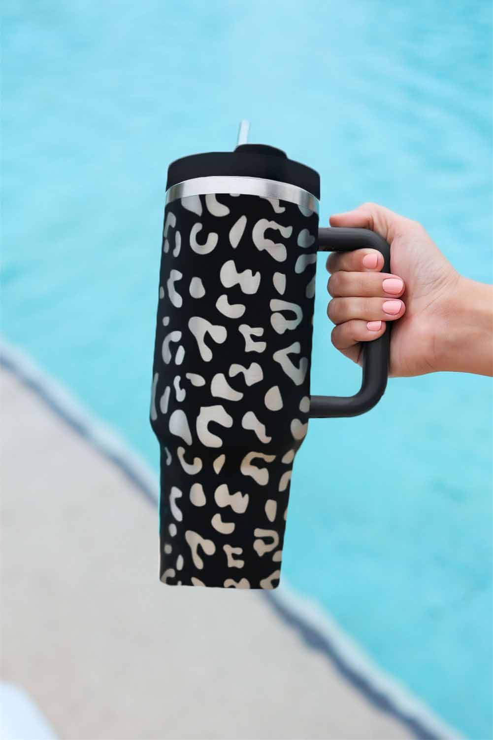 White Leopard Print 40OZ Stainless Steel Portable Cup with Handle