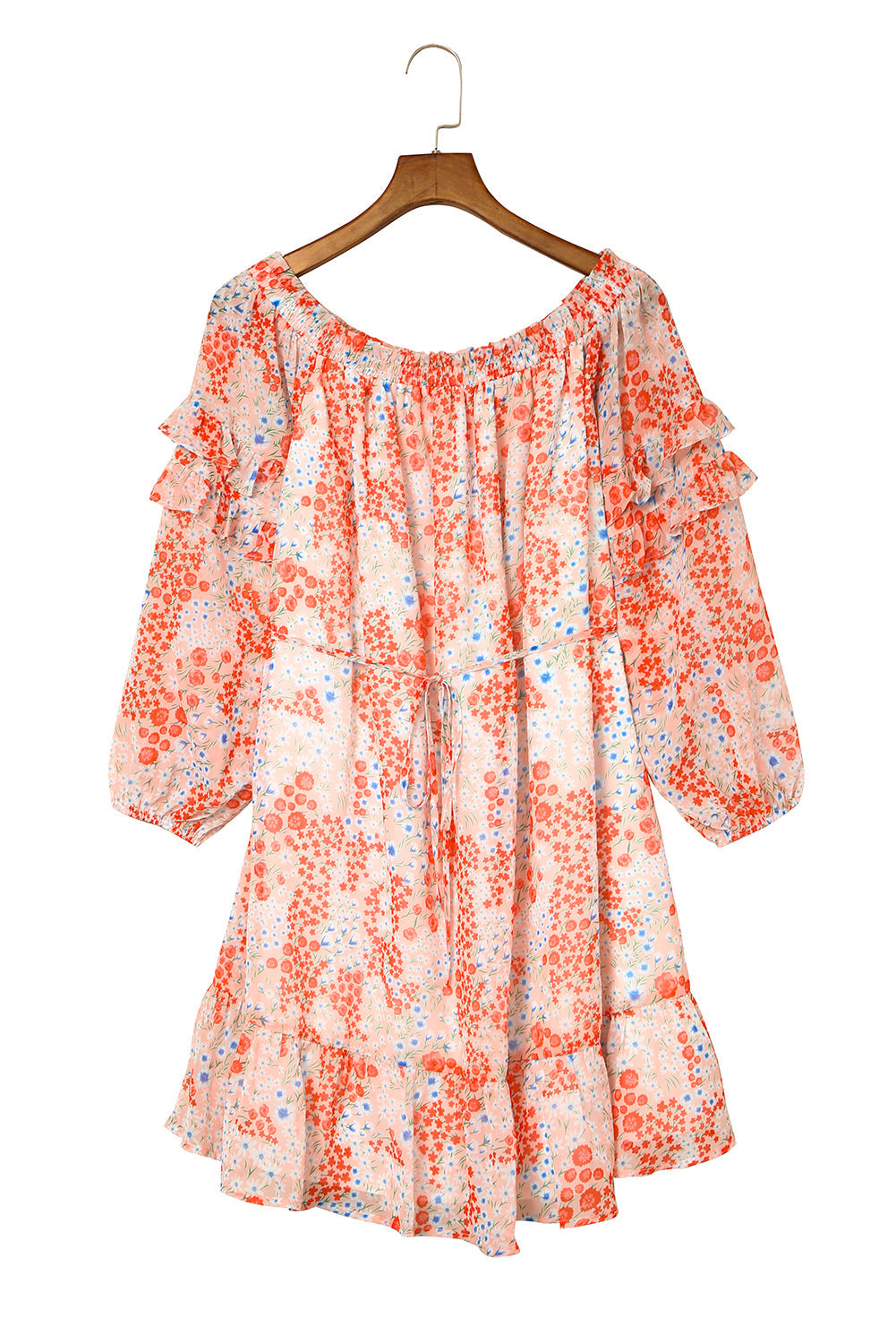 Red Floral Off The Shoulder Print Ruffled Dress with Tie