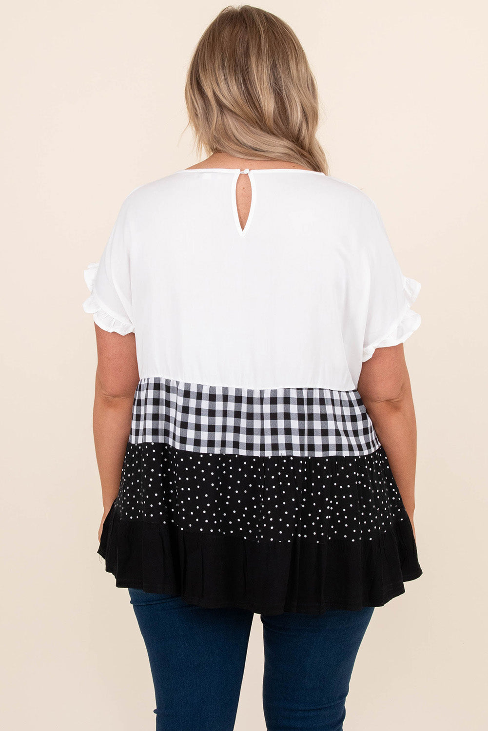 White Plaid Dot Ruffled Plus Size Babydoll Top