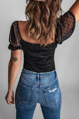 Black Dotted Print Ruched Puff Sleeve Top