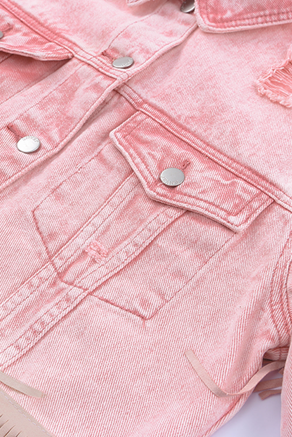 Pink Distressed Fringed Cropped Denim Jacket