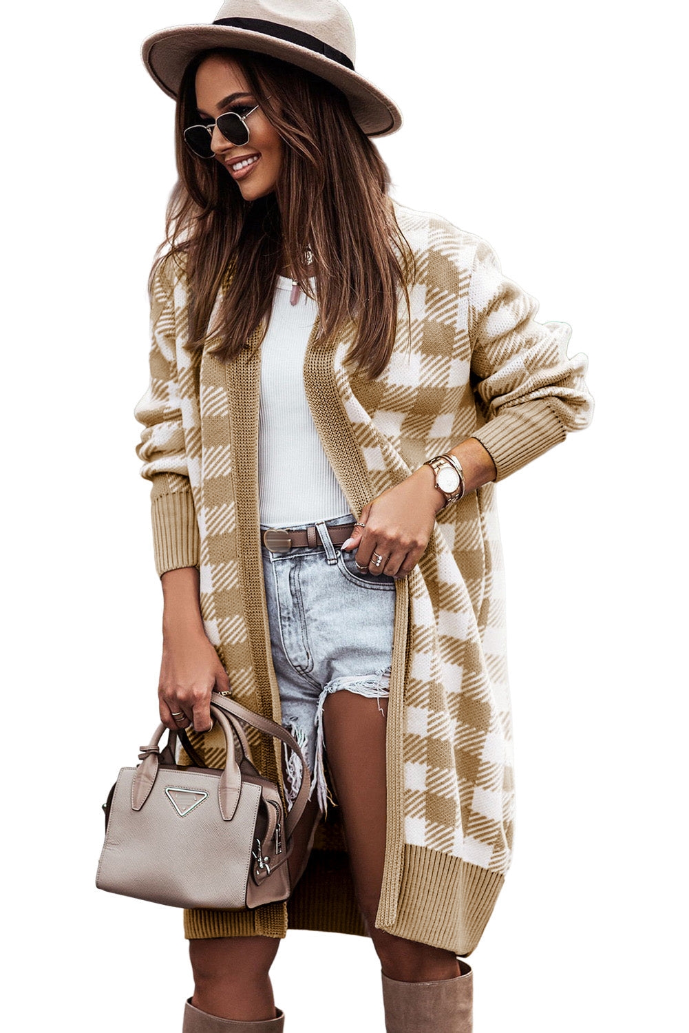 Khaki Plaid Pattern Ribbed Trim Long Cardigan
