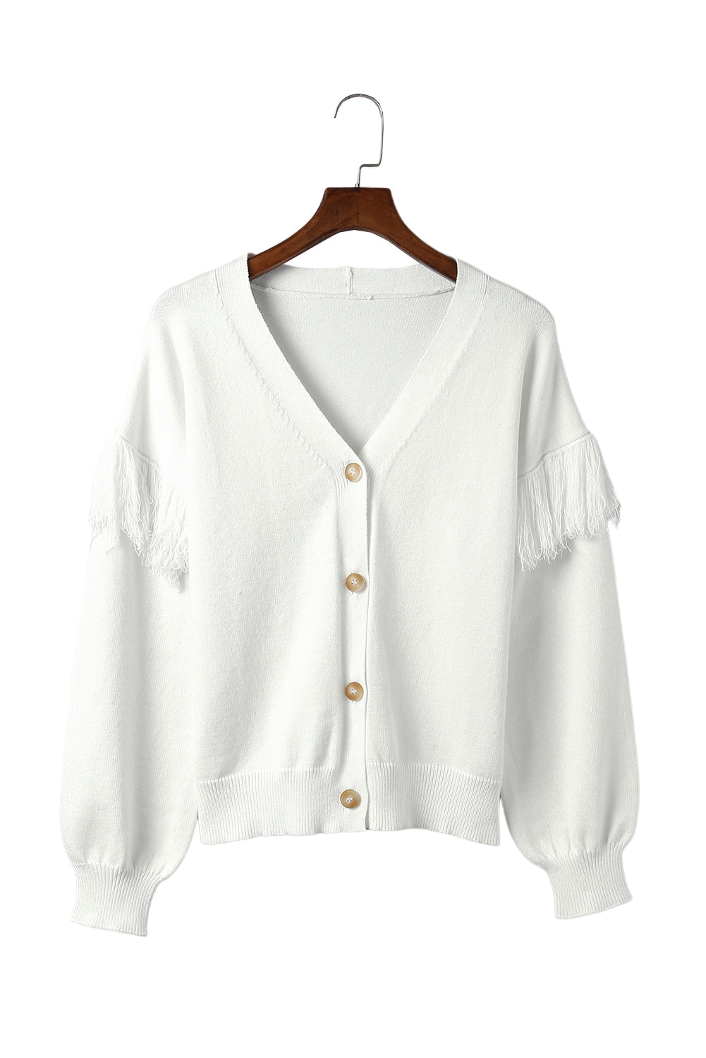 Beige Drop Shoulder Tasseled Sleeves Buttoned Cardigan