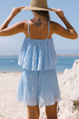 Sky Blue Pleated Spaghetti Straps Tiered Mini Dress