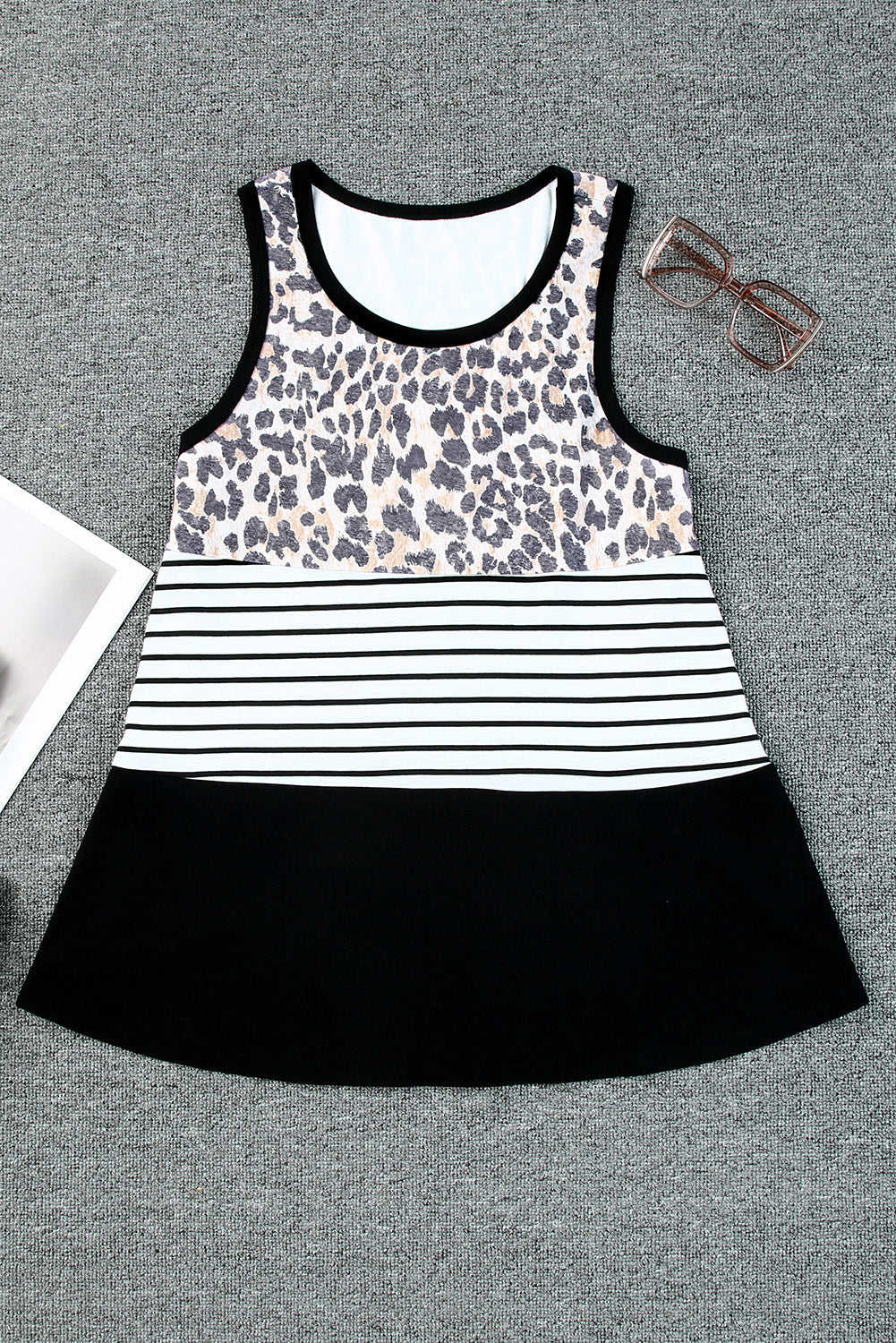 Black Leopard Striped Color Block Casual Tank Top