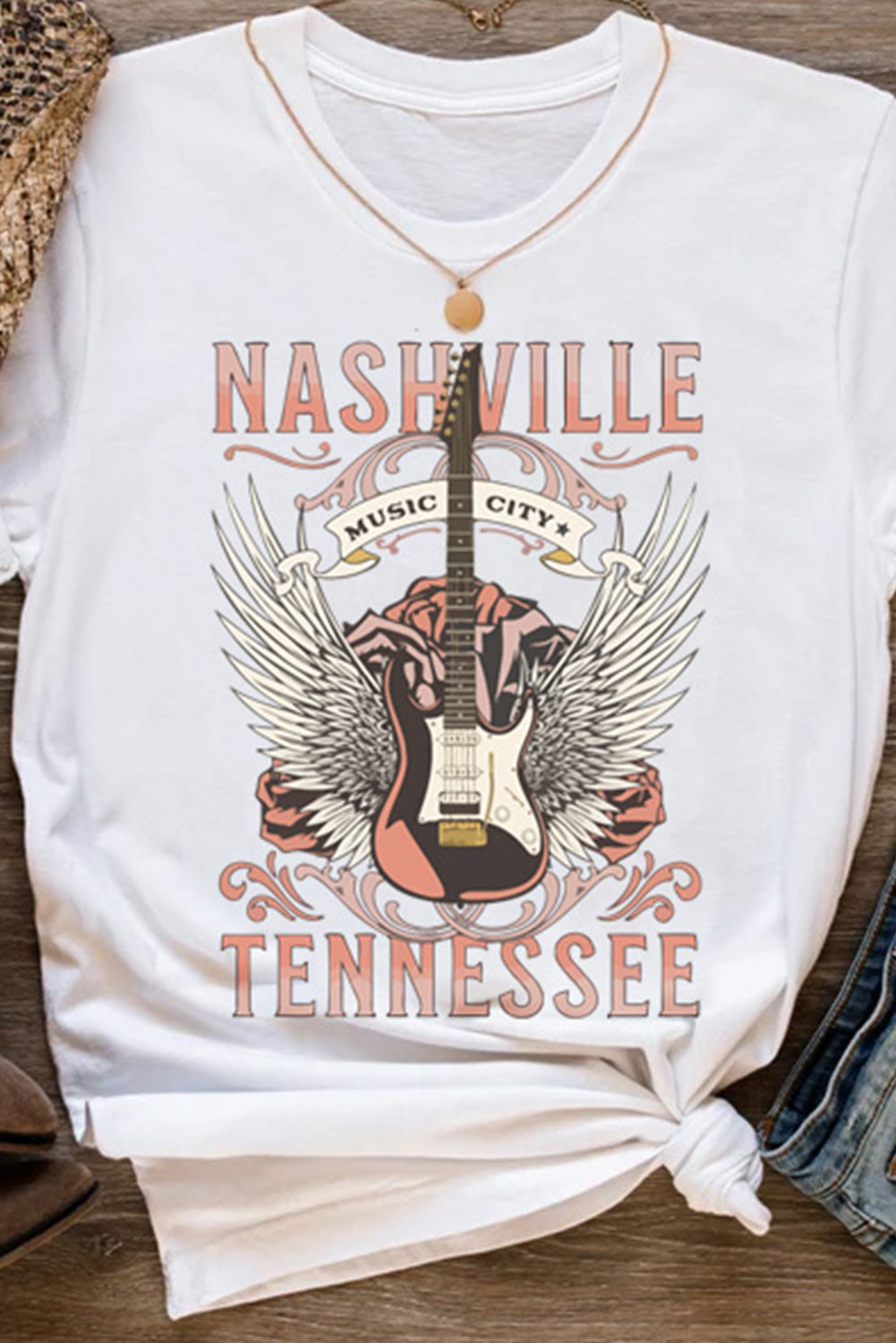 White Dreamy Music City Guitar Graphic Print Tee