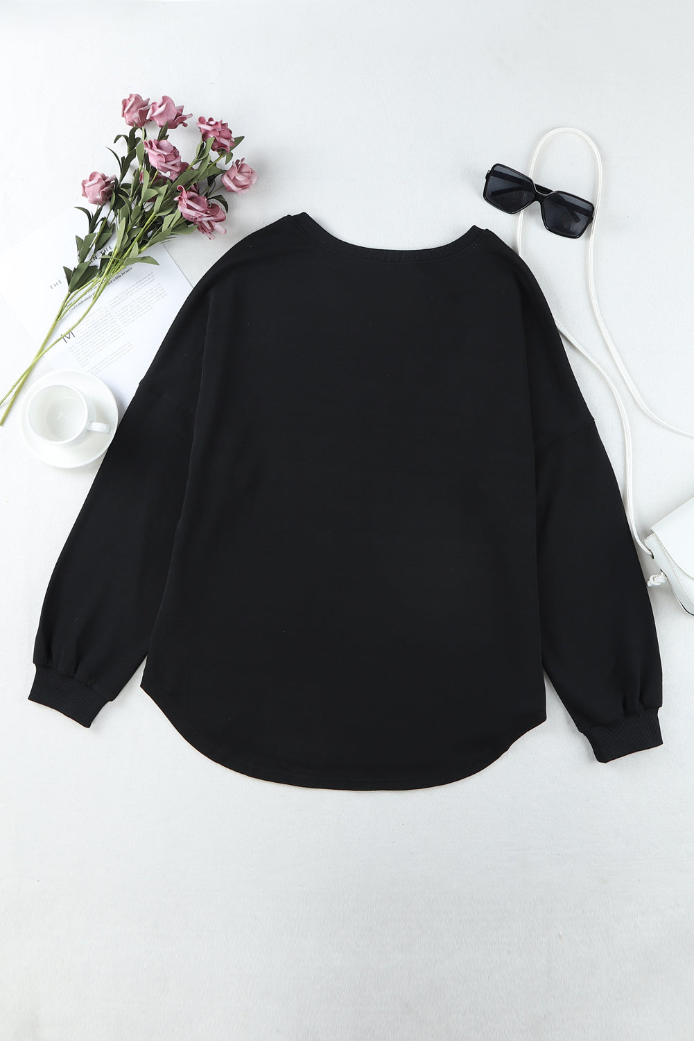 Black Buttoned V Neck Cotton Loose Fit Top