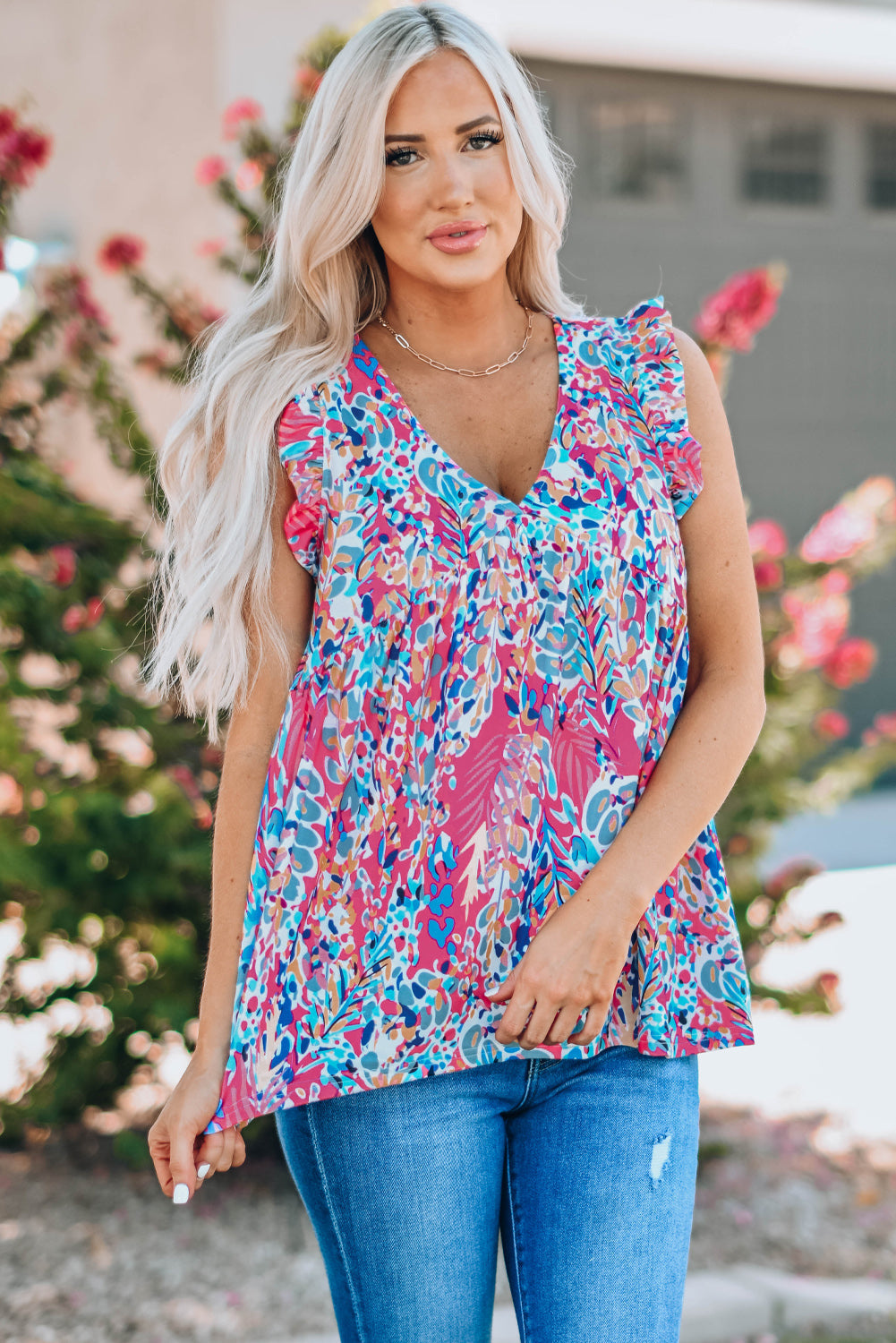 Sky Blue Boho Pattern Print Flounce V Neck Tank Top