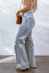 Sky Blue Acid Wash Wide Leg Raw Hem Distressed Jeans