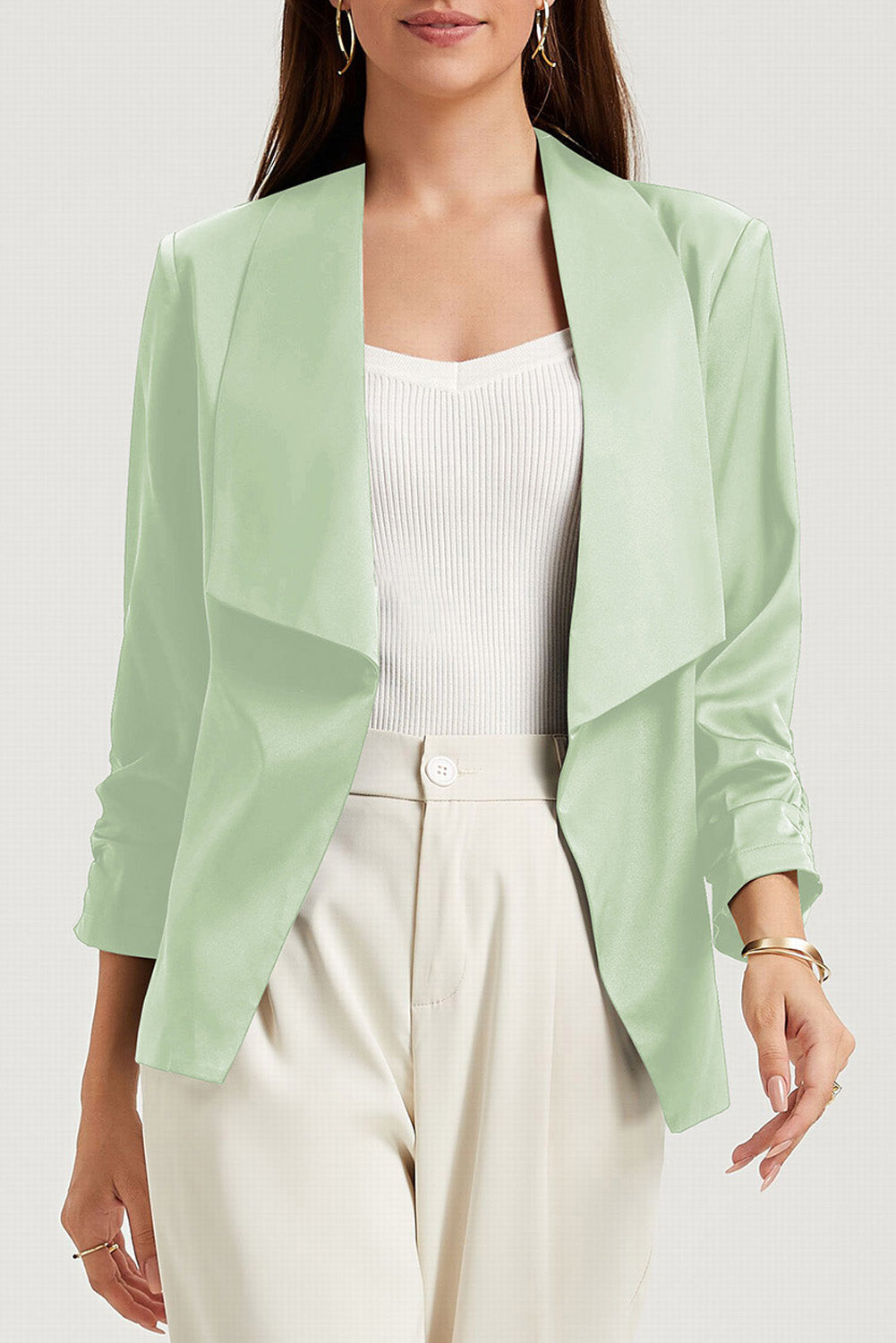 Apricot Solid Lapel Collar Satin Blazer