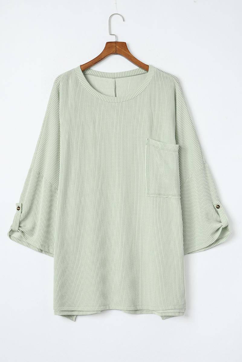 Ribbed Roll-Tab Sleeve Chest Pocket Oversize Top