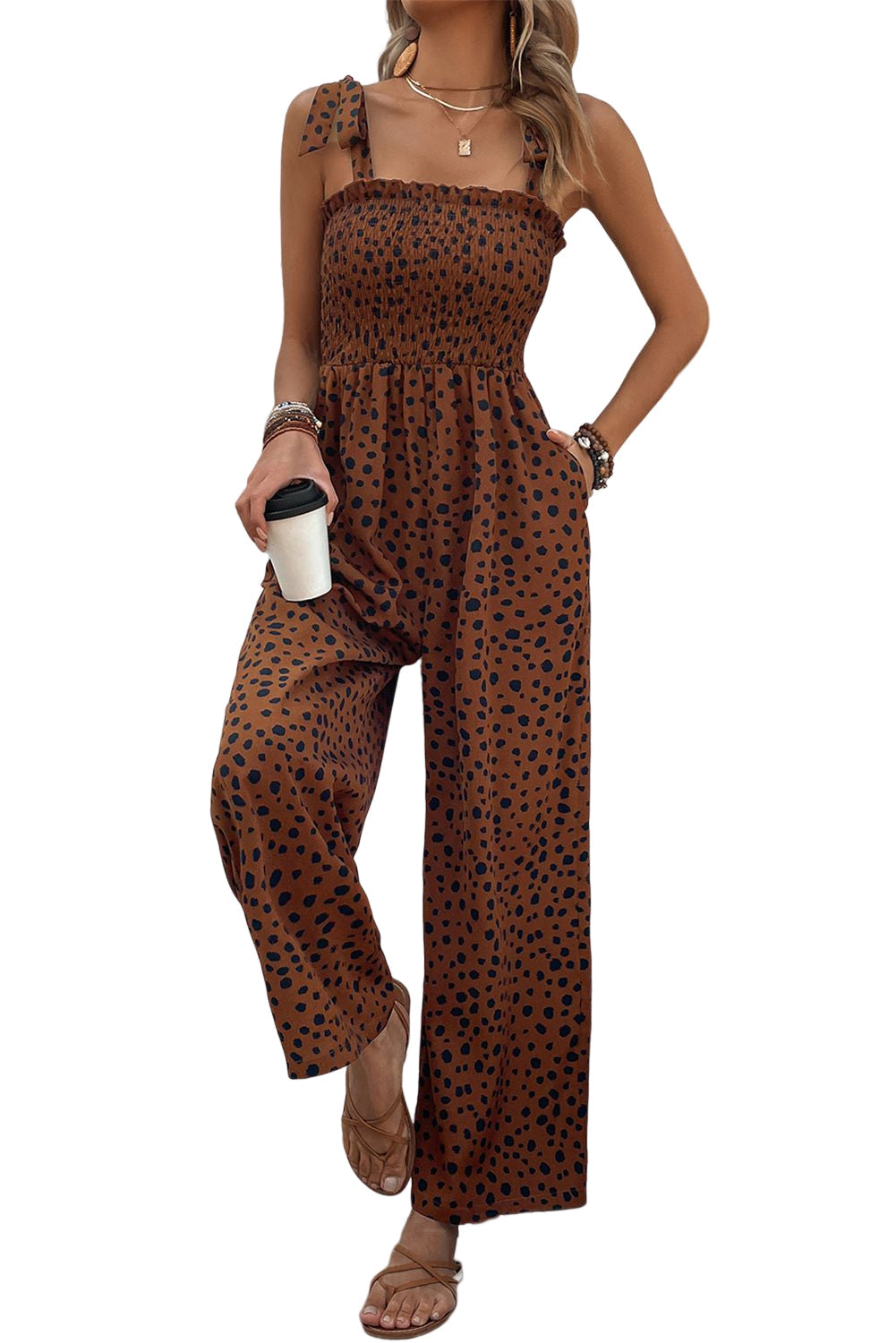 Brown Cheetah Print Smocked Wide Leg Jumpsuit