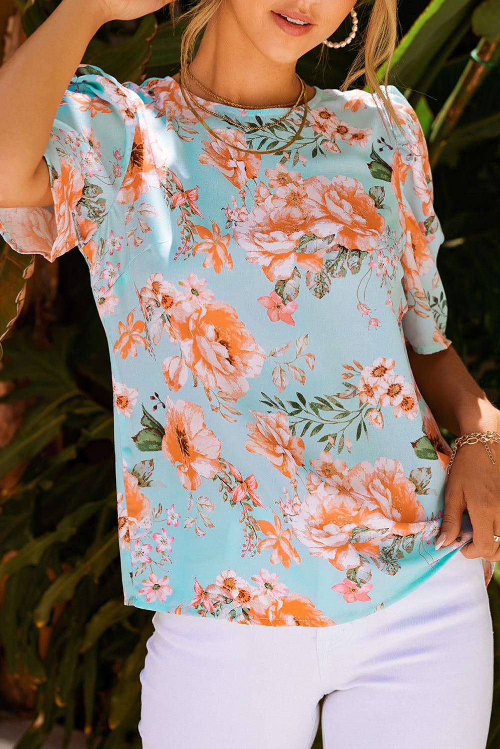 Sky Blue Floral Print Short Puff Sleeves Top