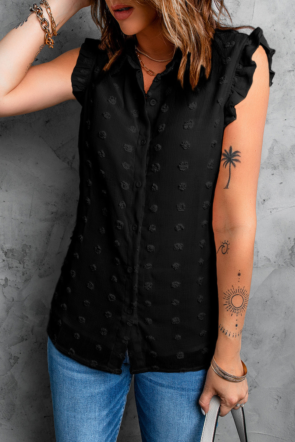 Black Turn-down Collar Ruffle Polka Dot Tank