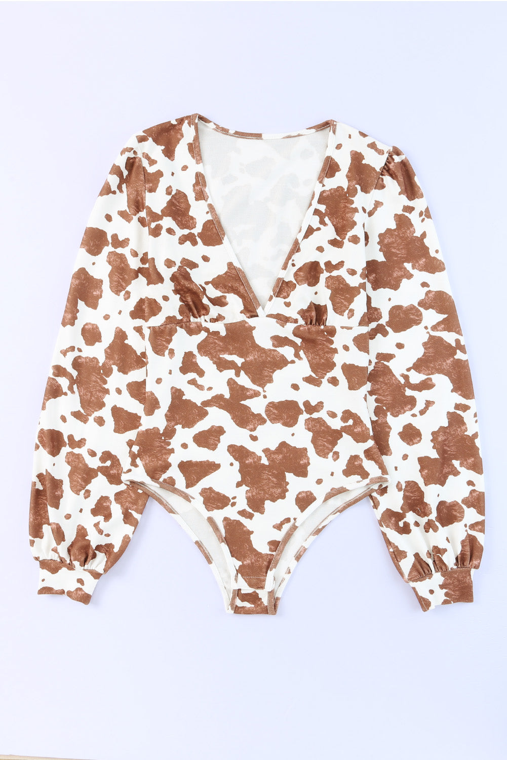 White Cow Print Deep V Neck Long Sleeve Bodysuit