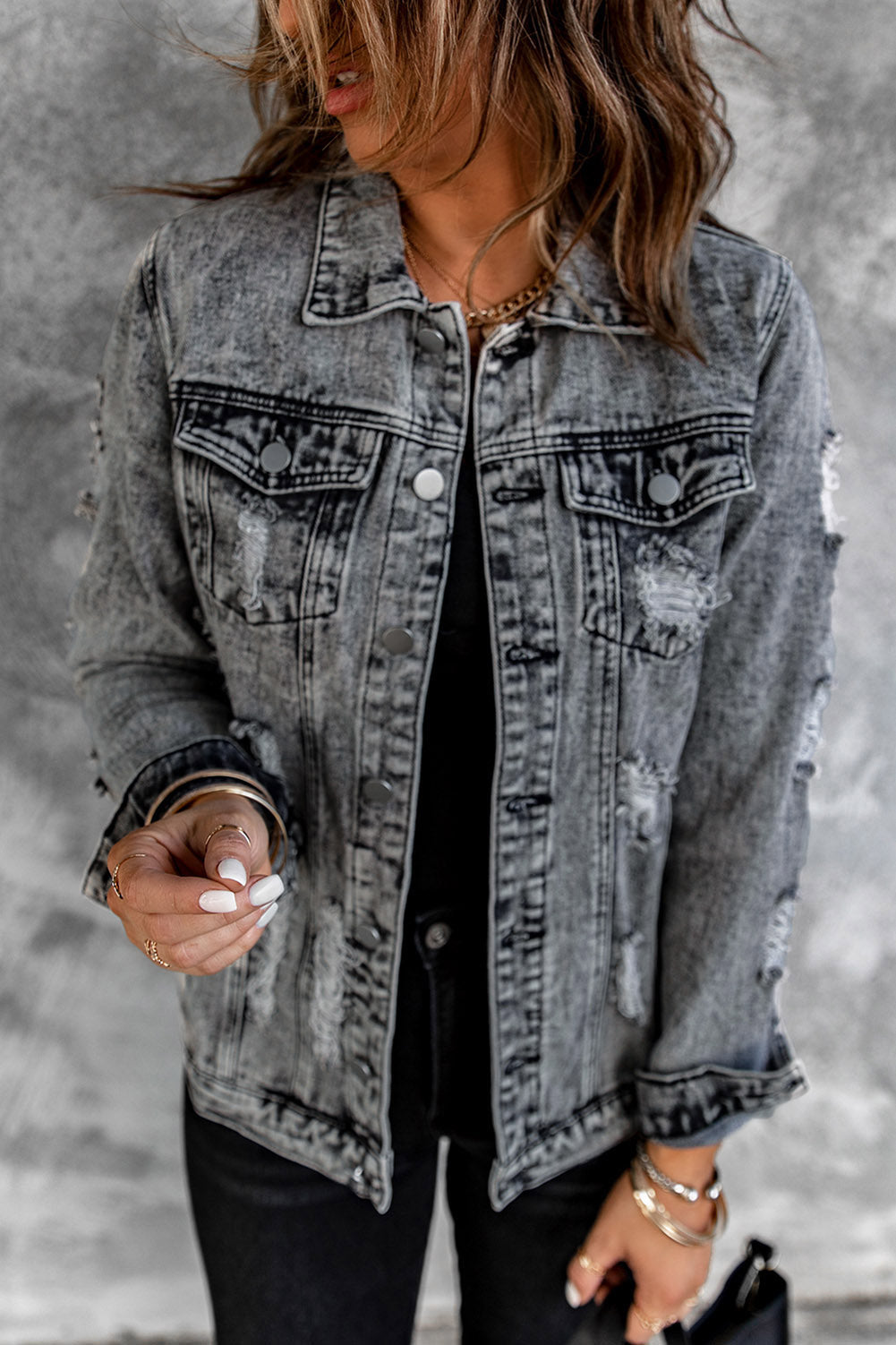 Gray Distressed Buttons Washed Denim Jacket