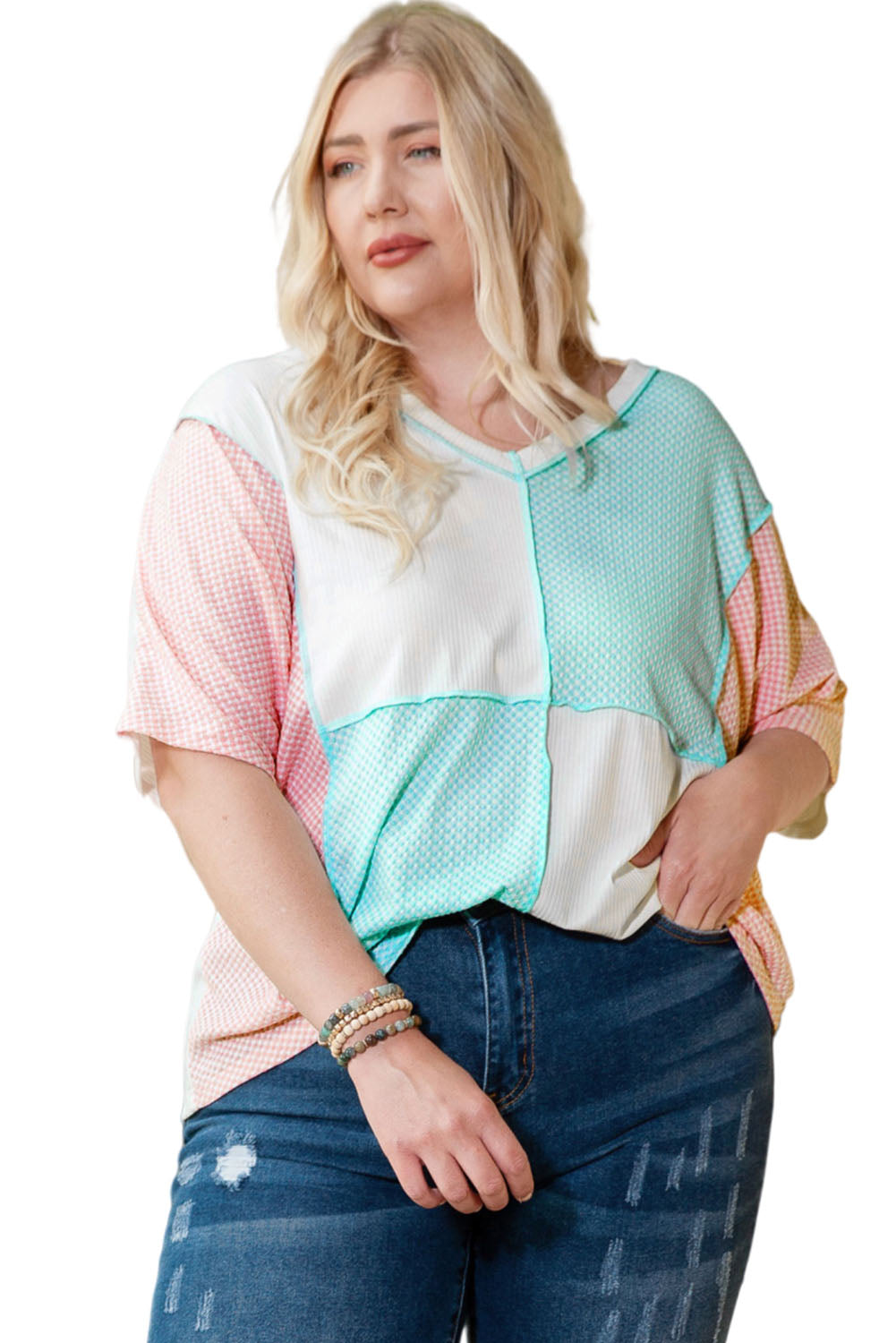 Sky Blue Plus Size Color Block Outseam Knit Top