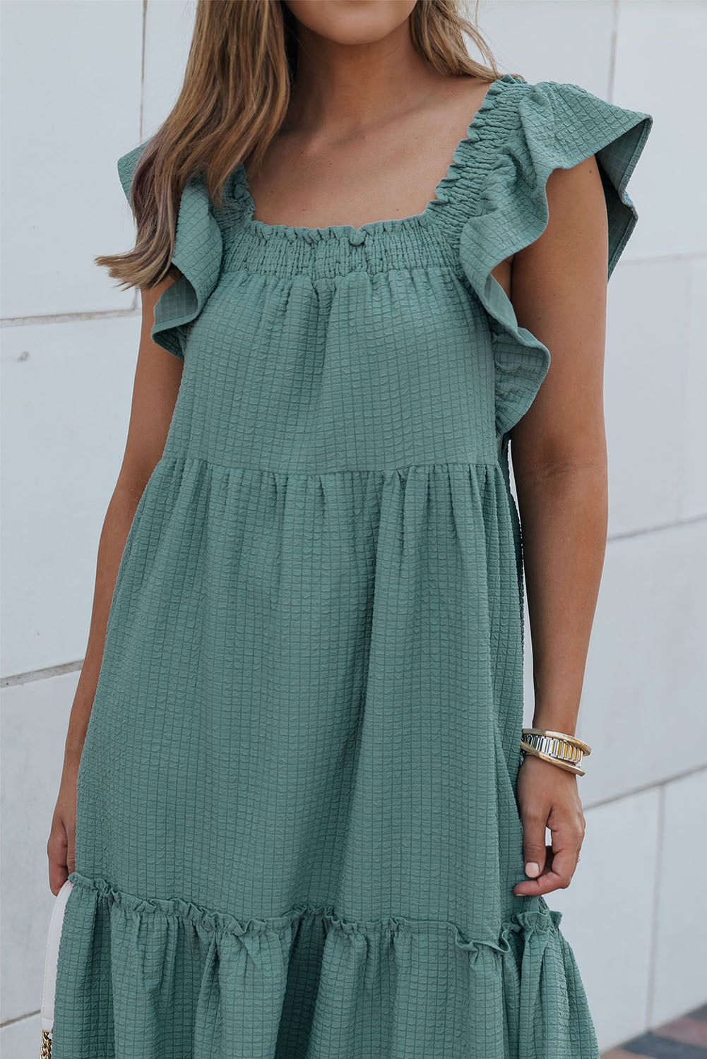 Green Smocked Neckline Flutter Sleeve Maxi Dress