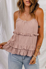 Pink Tiered Ruffled Spaghetti Straps Tank Top