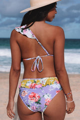 Purple Floral Printed Asymmetric Cutout Ruffle One Piece Swimsuit